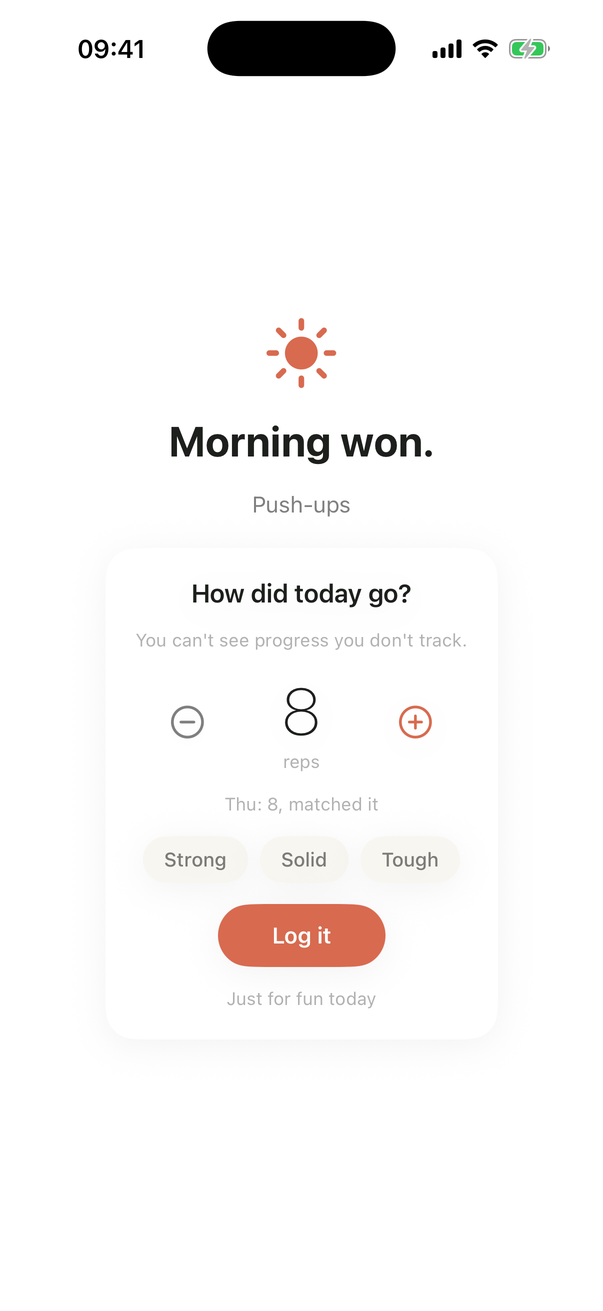Morning won: the completion screen with a card to log your reps