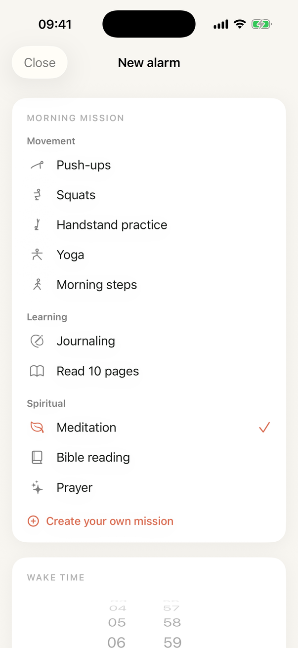 Setting an alarm: the mission list with Movement, Learning and Spiritual groups