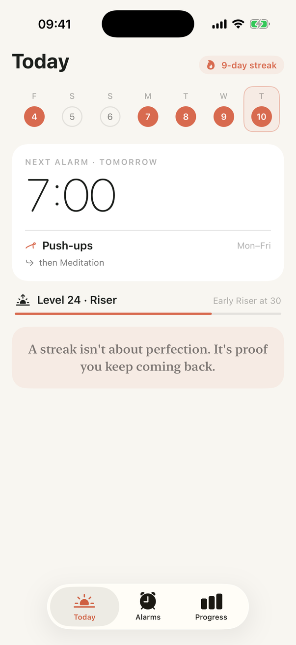 The First Step Today screen: a nine-day streak, tomorrow's 7:00 alarm with push-ups then meditation